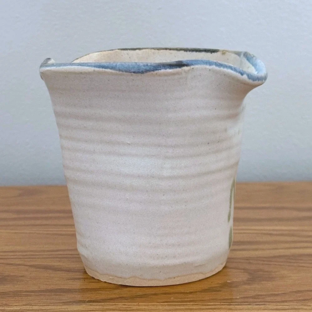 Studio Pottery Hand Thrown Floral Vase Blue Iris Stoneware Wavy Rim Cream